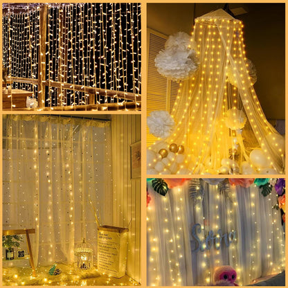 Dofash Curtain Lights, 2 Pack Fairy Curtain Lights 300 LED in 8 Modes, with Remote and Timer String Lights for Bedroom, Indoor, Outdoor, Wedding, Party Wall Decorations, Warm White (9.8x9.8Ft)