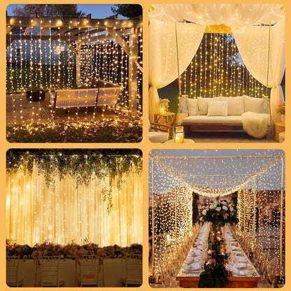 Dofash Curtain Lights, 2 Pack Fairy Curtain Lights 300 LED in 8 Modes, with Remote and Timer String Lights for Bedroom, Indoor, Outdoor, Wedding, Party Wall Decorations, Warm White (9.8x9.8Ft)