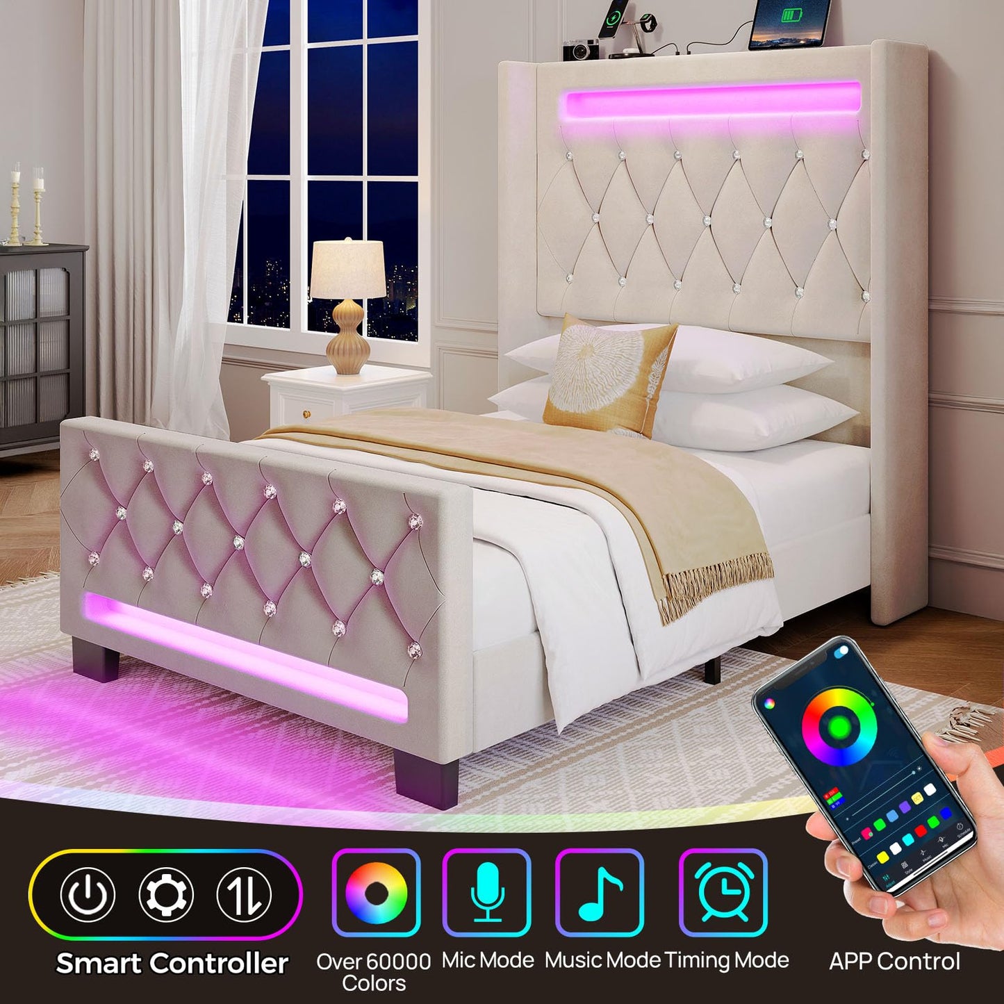 Rolanstar Queen Bed Frame with LED Light and Charging Station, Upholstered High Headboard and Footboard, Wood Slats, Noise Free, Easy Assembly, White