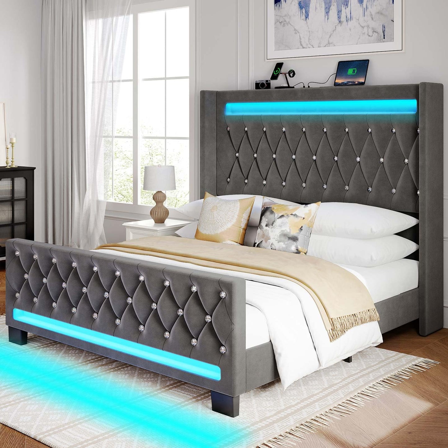 Rolanstar Queen Bed Frame with LED Light and Charging Station, Upholstered High Headboard and Footboard, Wood Slats, Noise Free, Easy Assembly, White