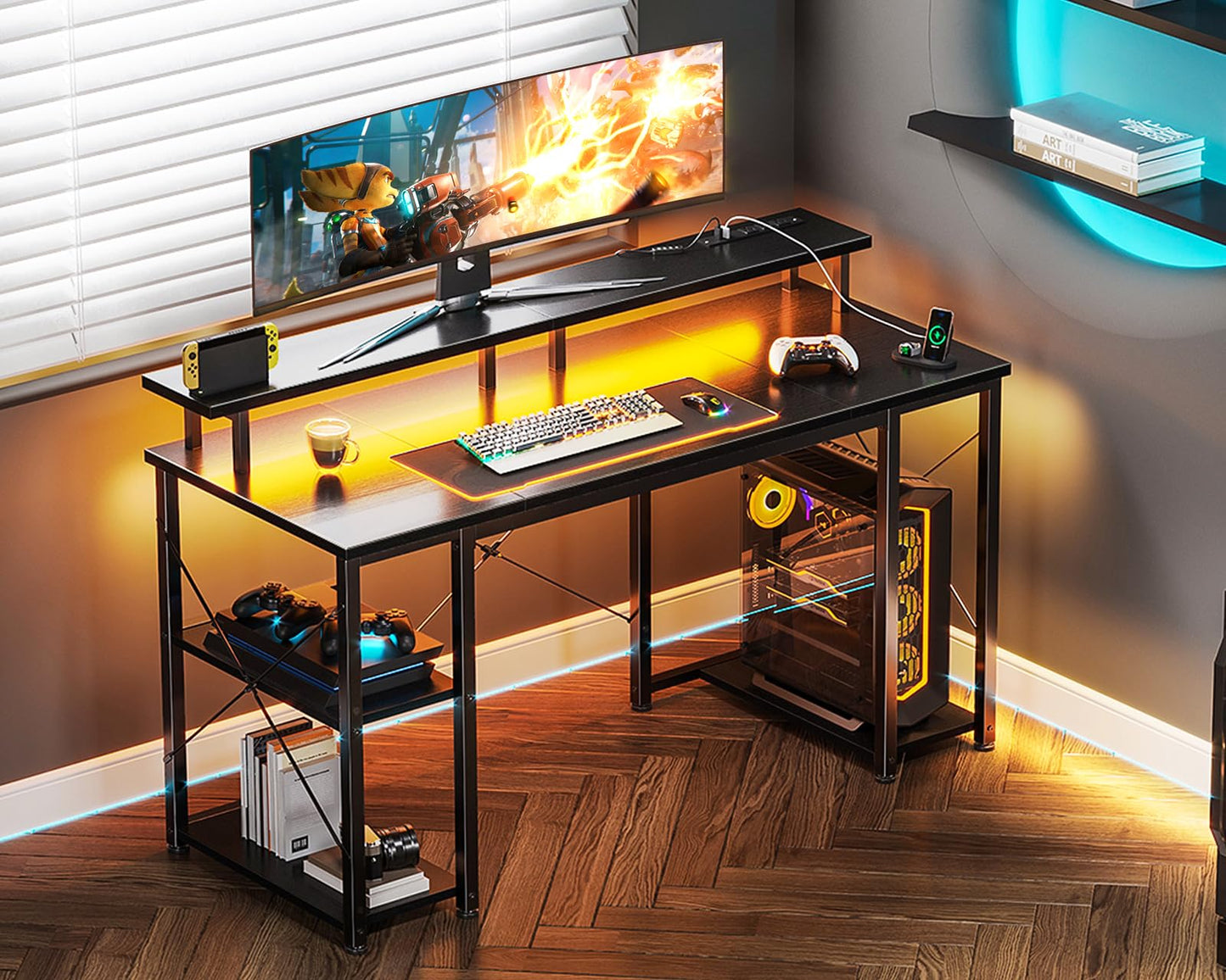 ODK White Desk with Storage Shelves, 48 Inch Gaming Computer Desk with Led Lights & Power Outlet, Writing Desk with Monitor Stand, Work Desk Table for Home Office