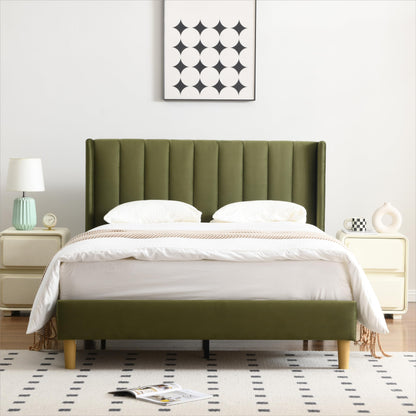 YUHUASHI upholstered Platform Bed Frame/Queen Bed Frame/Modern Geometric Double-Wing Design headboard/Linen Fabric/Easy to Assemble no Noise (Black, Queen (U.S. Standard))