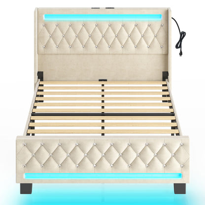 Rolanstar Queen Bed Frame with LED Light and Charging Station, Upholstered High Headboard and Footboard, Wood Slats, Noise Free, Easy Assembly, White