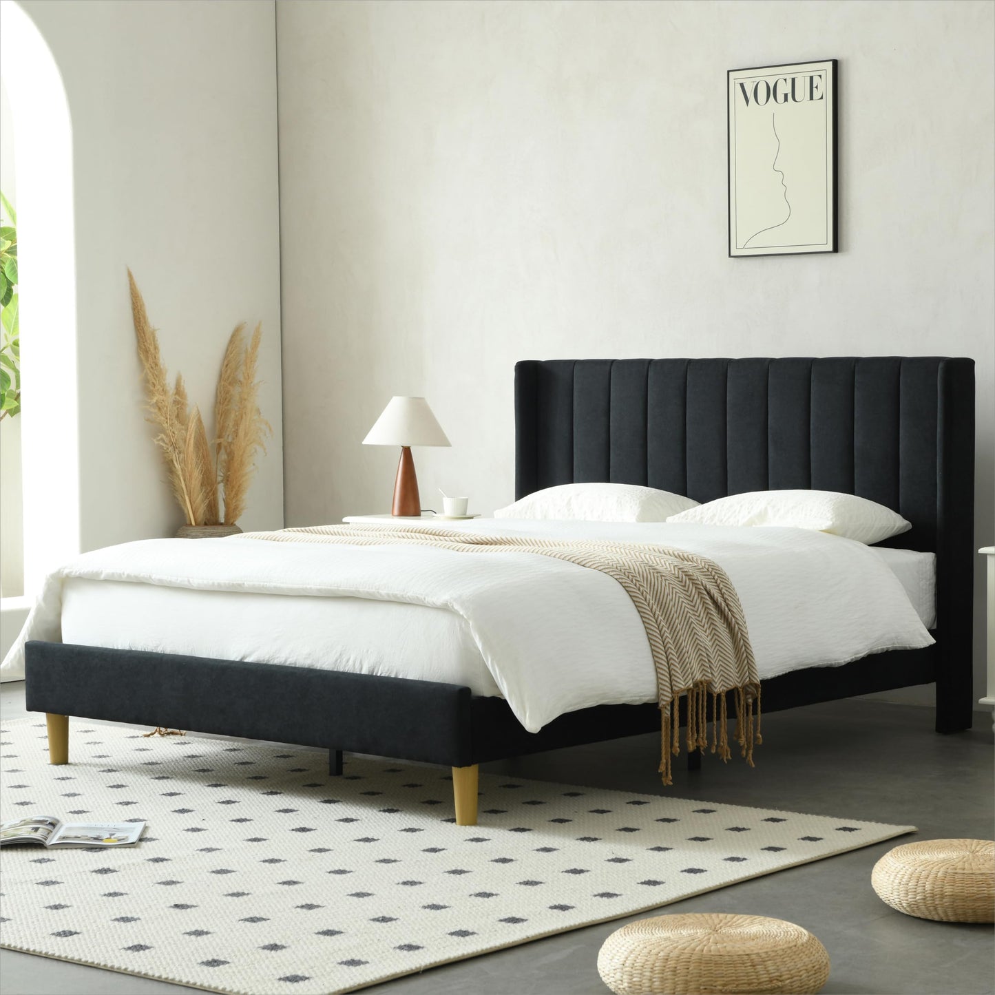 YUHUASHI upholstered Platform Bed Frame/Queen Bed Frame/Modern Geometric Double-Wing Design headboard/Linen Fabric/Easy to Assemble no Noise (Black, Queen (U.S. Standard))