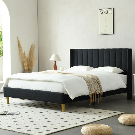 YUHUASHI upholstered Platform Bed Frame/Queen Bed Frame/Modern Geometric Double-Wing Design headboard/Linen Fabric/Easy to Assemble no Noise (Black, Queen (U.S. Standard))