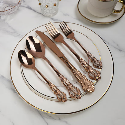 Runfly Gorgeous Retro Royal Gold Stainless Steel 20 Pieces Flatware Set, Golden Silverware Set, Anti-Rust Stainless Steel Gold Cutlery Set Utensils Including Fork Spoon and Knife