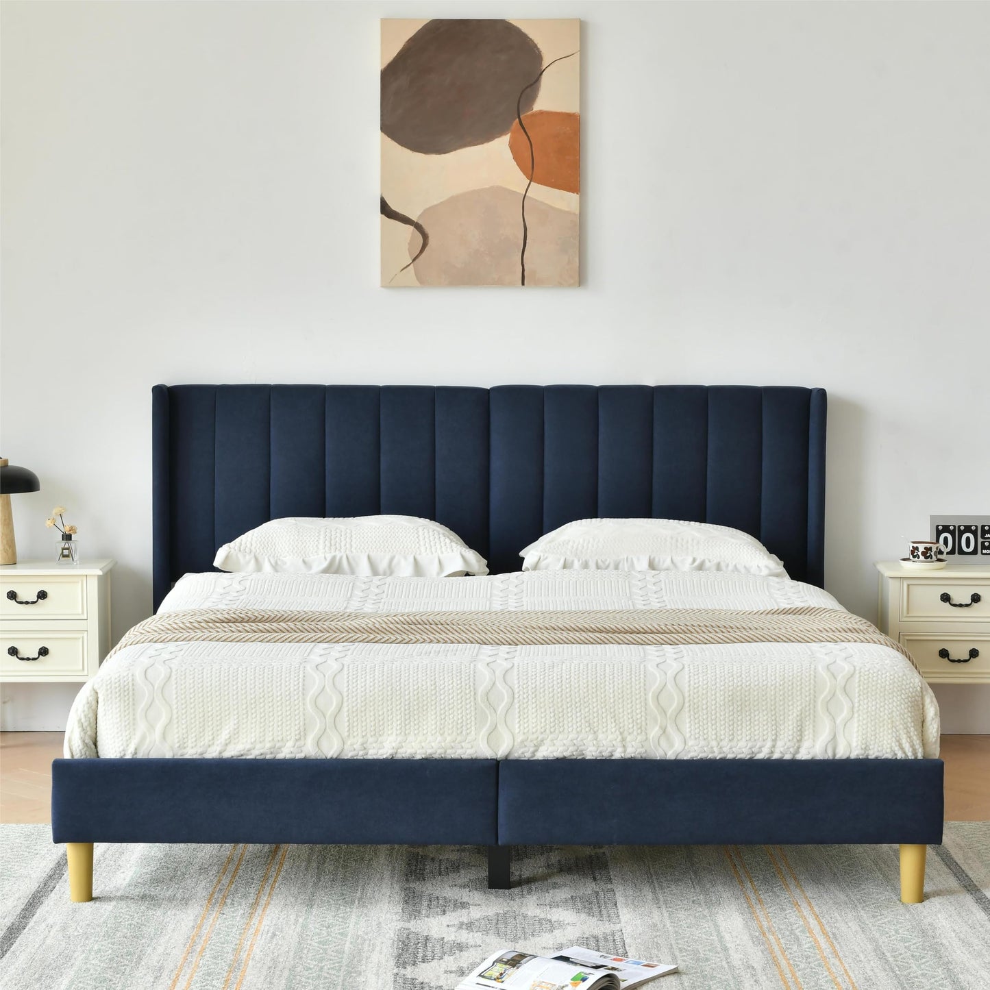 YUHUASHI upholstered Platform Bed Frame/Queen Bed Frame/Modern Geometric Double-Wing Design headboard/Linen Fabric/Easy to Assemble no Noise (Black, Queen (U.S. Standard))