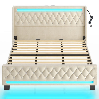 Rolanstar Queen Bed Frame with LED Light and Charging Station, Upholstered High Headboard and Footboard, Wood Slats, Noise Free, Easy Assembly, White