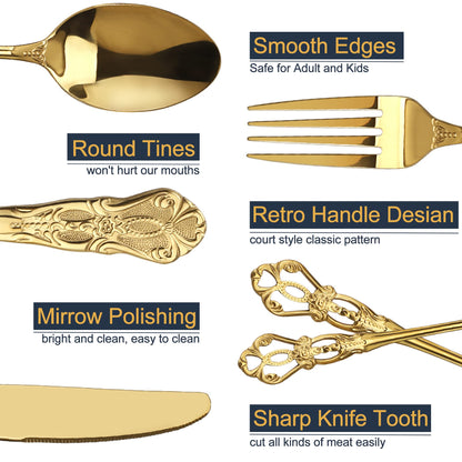 Runfly Gorgeous Retro Royal Gold Stainless Steel 20 Pieces Flatware Set, Golden Silverware Set, Anti-Rust Stainless Steel Gold Cutlery Set Utensils Including Fork Spoon and Knife