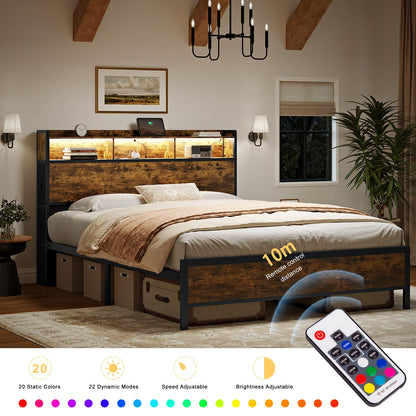 HAUSOURCE Queen Bed Frame with Bookcase Headboard and 6 Headboard Storage Drawers LED Lights Metal Platform Non-Slip Without Noise Metal Slats Support No Box Spring Needed (Rustic Brown, Queen)