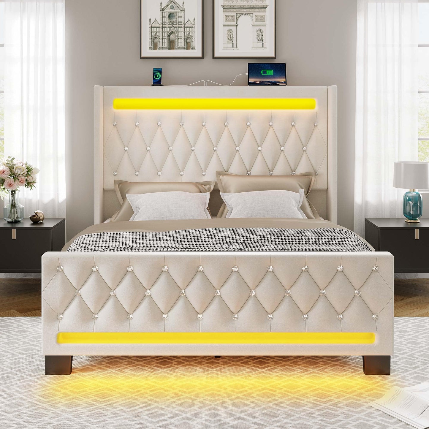 Rolanstar Queen Bed Frame with LED Light and Charging Station, Upholstered High Headboard and Footboard, Wood Slats, Noise Free, Easy Assembly, White