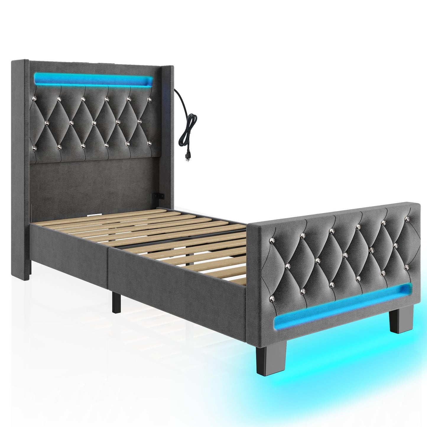 Rolanstar Queen Bed Frame with LED Light and Charging Station, Upholstered High Headboard and Footboard, Wood Slats, Noise Free, Easy Assembly, White