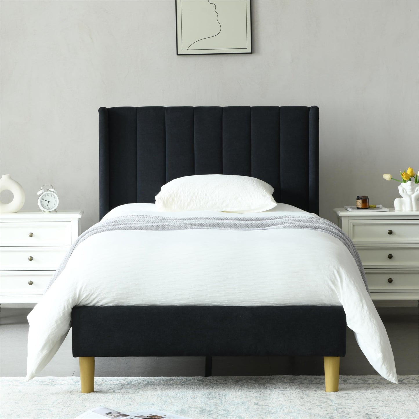 YUHUASHI upholstered Platform Bed Frame/Queen Bed Frame/Modern Geometric Double-Wing Design headboard/Linen Fabric/Easy to Assemble no Noise (Black, Queen (U.S. Standard))