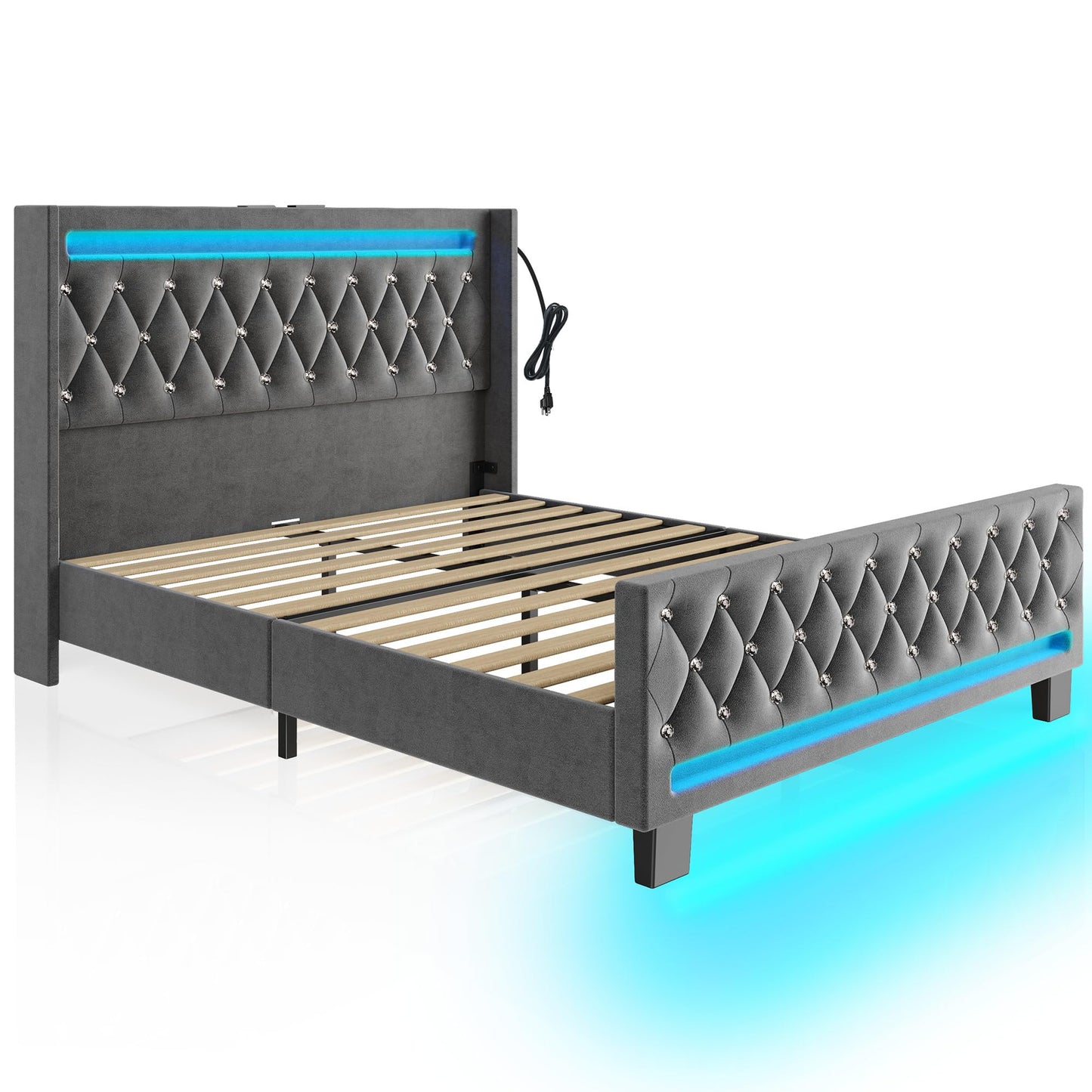 Rolanstar Queen Bed Frame with LED Light and Charging Station, Upholstered High Headboard and Footboard, Wood Slats, Noise Free, Easy Assembly, White