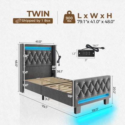 Rolanstar Queen Bed Frame with LED Light and Charging Station, Upholstered High Headboard and Footboard, Wood Slats, Noise Free, Easy Assembly, White