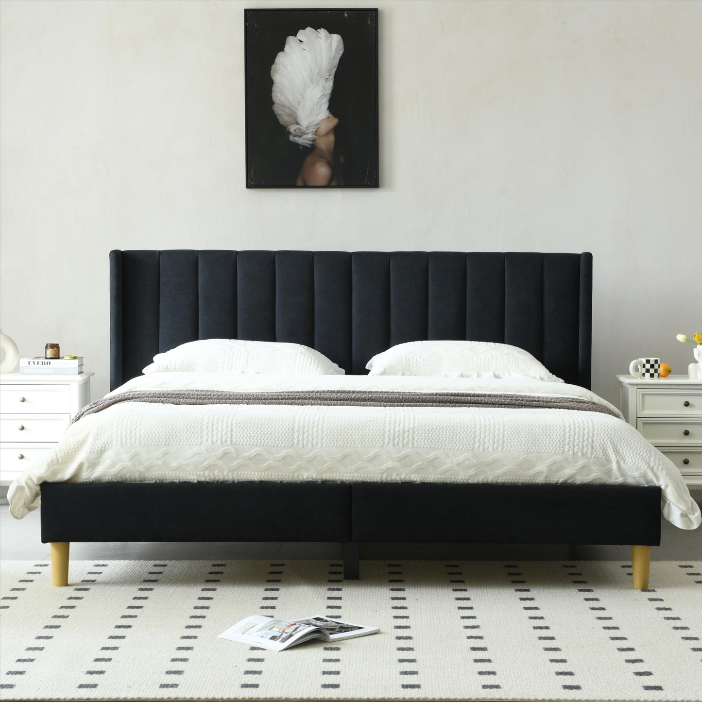 YUHUASHI upholstered Platform Bed Frame/Queen Bed Frame/Modern Geometric Double-Wing Design headboard/Linen Fabric/Easy to Assemble no Noise (Black, Queen (U.S. Standard))