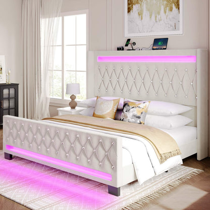 Rolanstar Queen Bed Frame with LED Light and Charging Station, Upholstered High Headboard and Footboard, Wood Slats, Noise Free, Easy Assembly, White