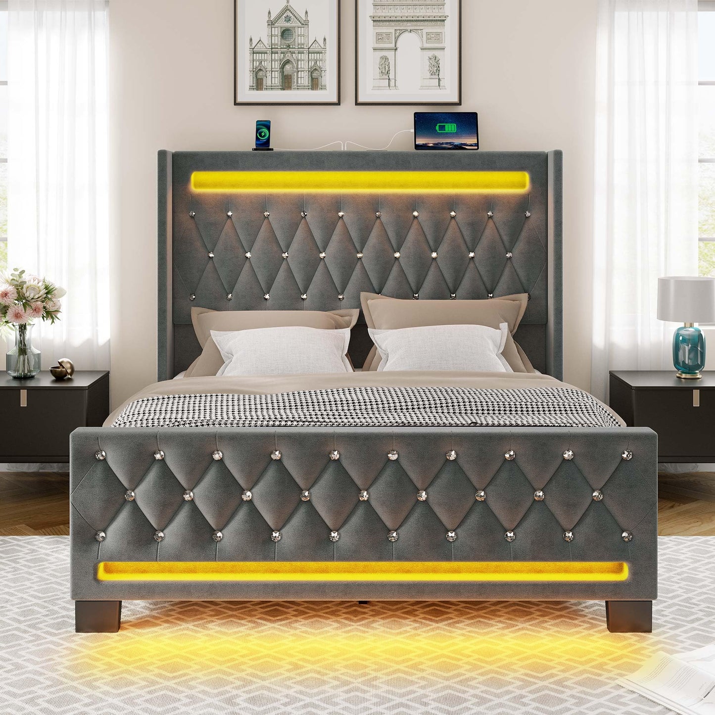 Rolanstar Queen Bed Frame with LED Light and Charging Station, Upholstered High Headboard and Footboard, Wood Slats, Noise Free, Easy Assembly, White