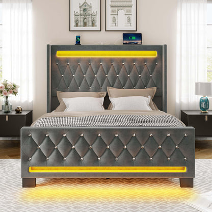 Rolanstar Queen Bed Frame with LED Light and Charging Station, Upholstered High Headboard and Footboard, Wood Slats, Noise Free, Easy Assembly, White