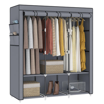 MOGELAFOO 67 Inch Portable Closet Wardrobe for Hanging Clothes, Wardrobe Closet with Cover, 4 Hanging Rods and Side Pockets, 8 Storage Shelves, Large Clothes Organizer for Bedroom, Living Room, Grey