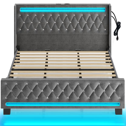 Rolanstar Queen Bed Frame with LED Light and Charging Station, Upholstered High Headboard and Footboard, Wood Slats, Noise Free, Easy Assembly, White